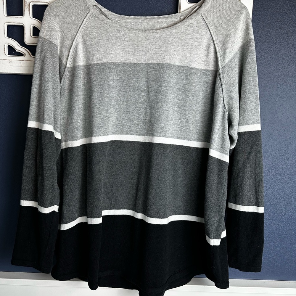 Karen Scott Gray, Black, White Striped Long Sleeve Sweater  - 1X